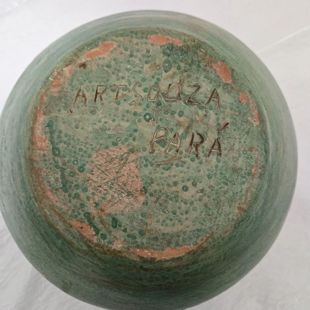 ART SOUZA PARA Brazilian Folk Art Pottery Face Vessel Green Signed 5